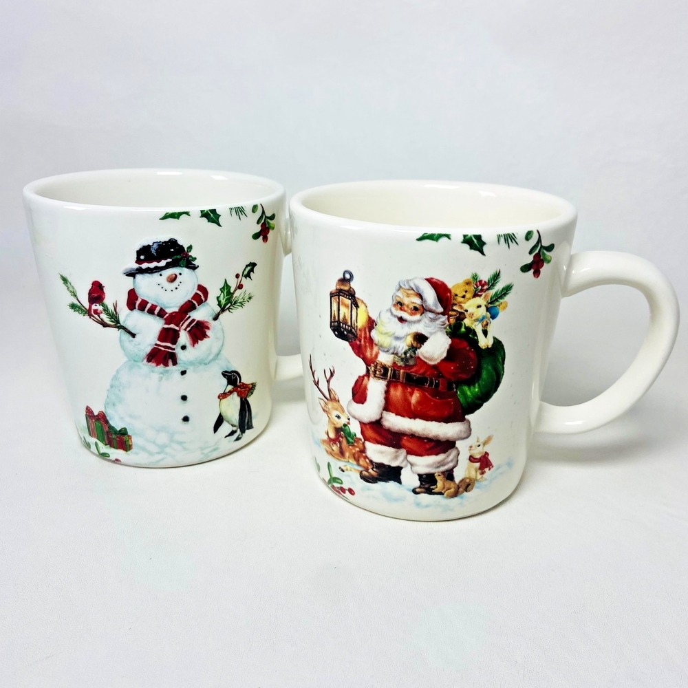 Lot of 2 Pier 1 Imports Winter Wonders Santa Snowman Mug‎ Ironstone Christmas